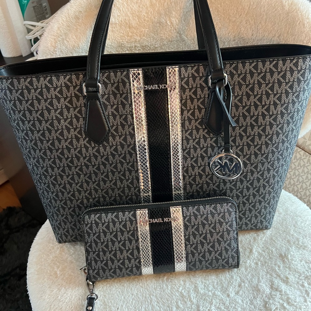 Michael Kors Black and Silver MK Logo Tote with Matching Wallet